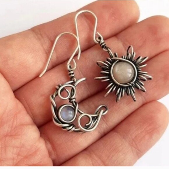 Bohemia Sun and Moon Earrings 925 Sterling Silver Plated Drop Earrings NEW - Picture 2 of 4